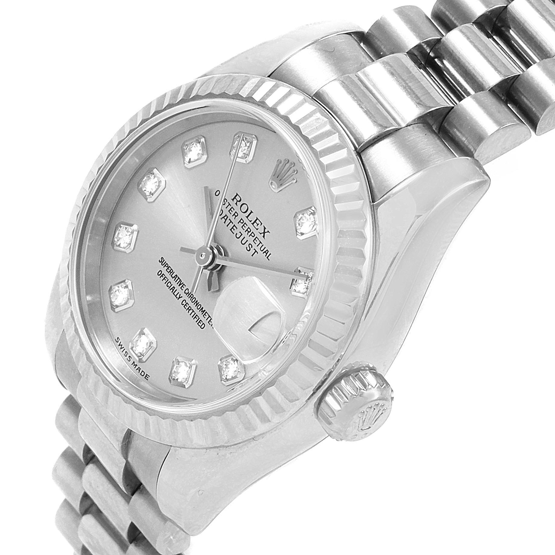 The image shows a close-up angle of the Rolex President 179179 Women's White Gold Silver Dial 179179 Women's White Gold Silver Dial watch, highlighting the dial, bezel, crown, and part of the bracelet.