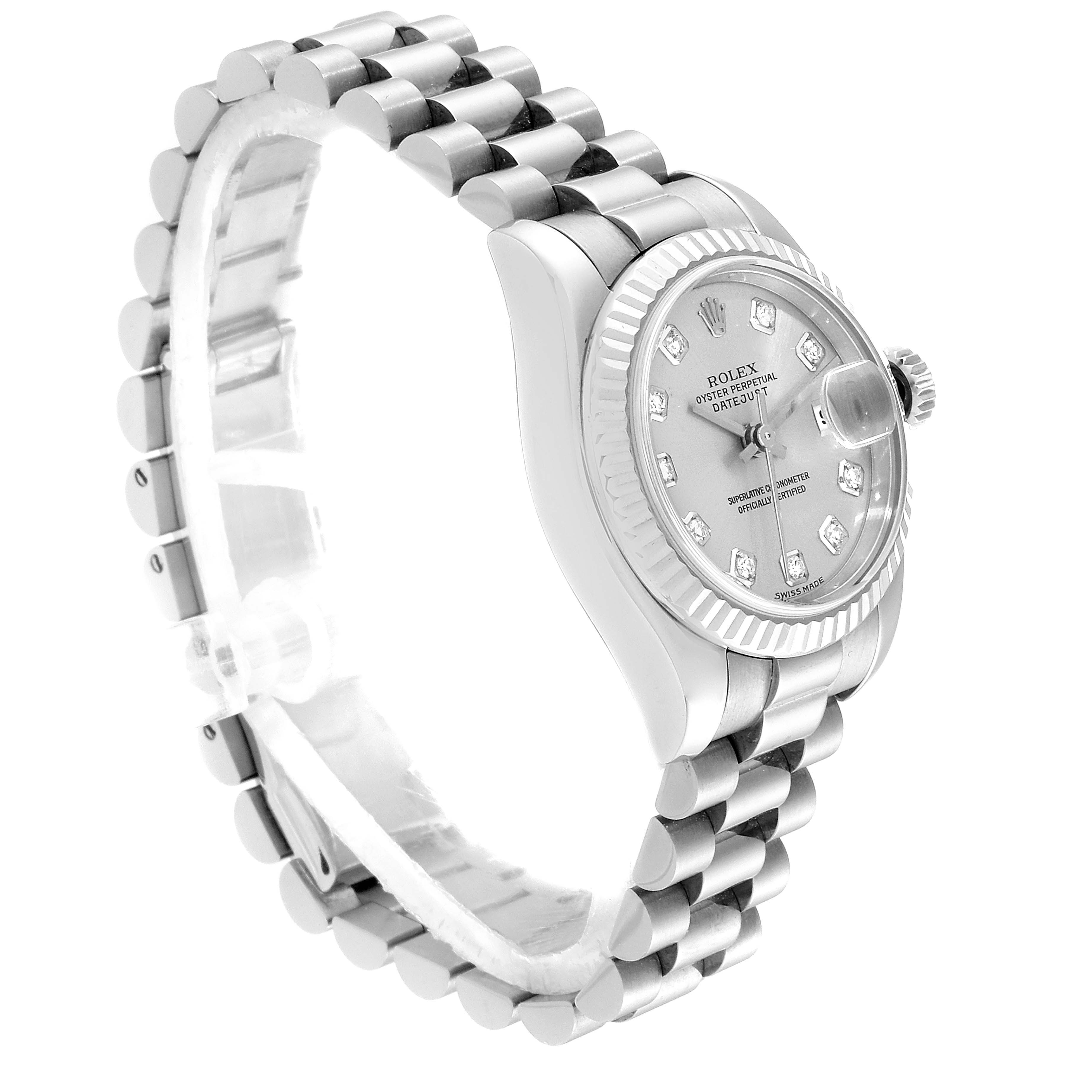 The Rolex President 179179 Women's White Gold Silver Dial 179179 Women's White Gold Silver Dial model watch is shown at a three-quarter angle, displaying the bracelet, dial, and bezel.