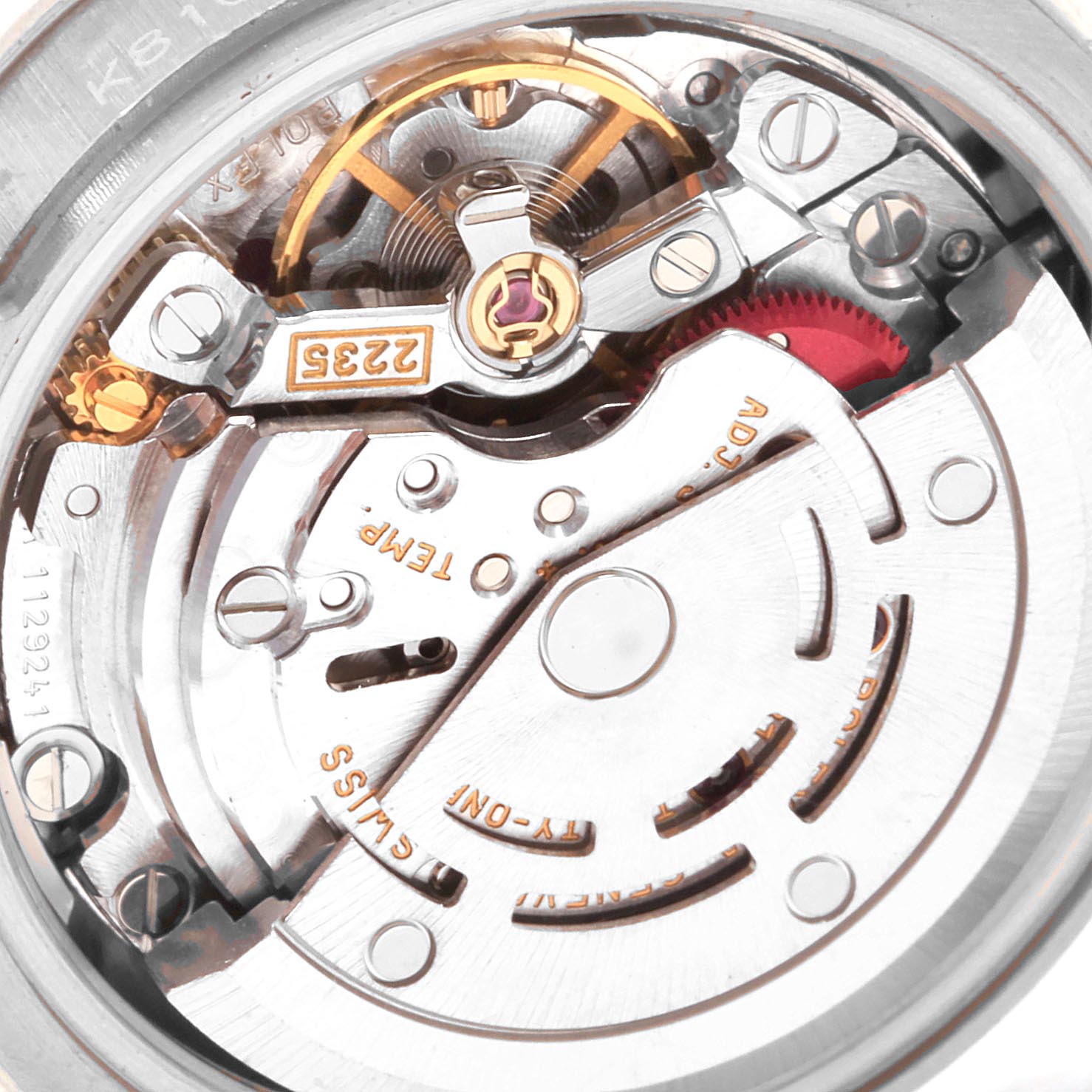 This image shows a close-up view of the movement components inside a Rolex President 179179 Women's White Gold Silver Dial 179179 Women's White Gold Silver Dial model watch.