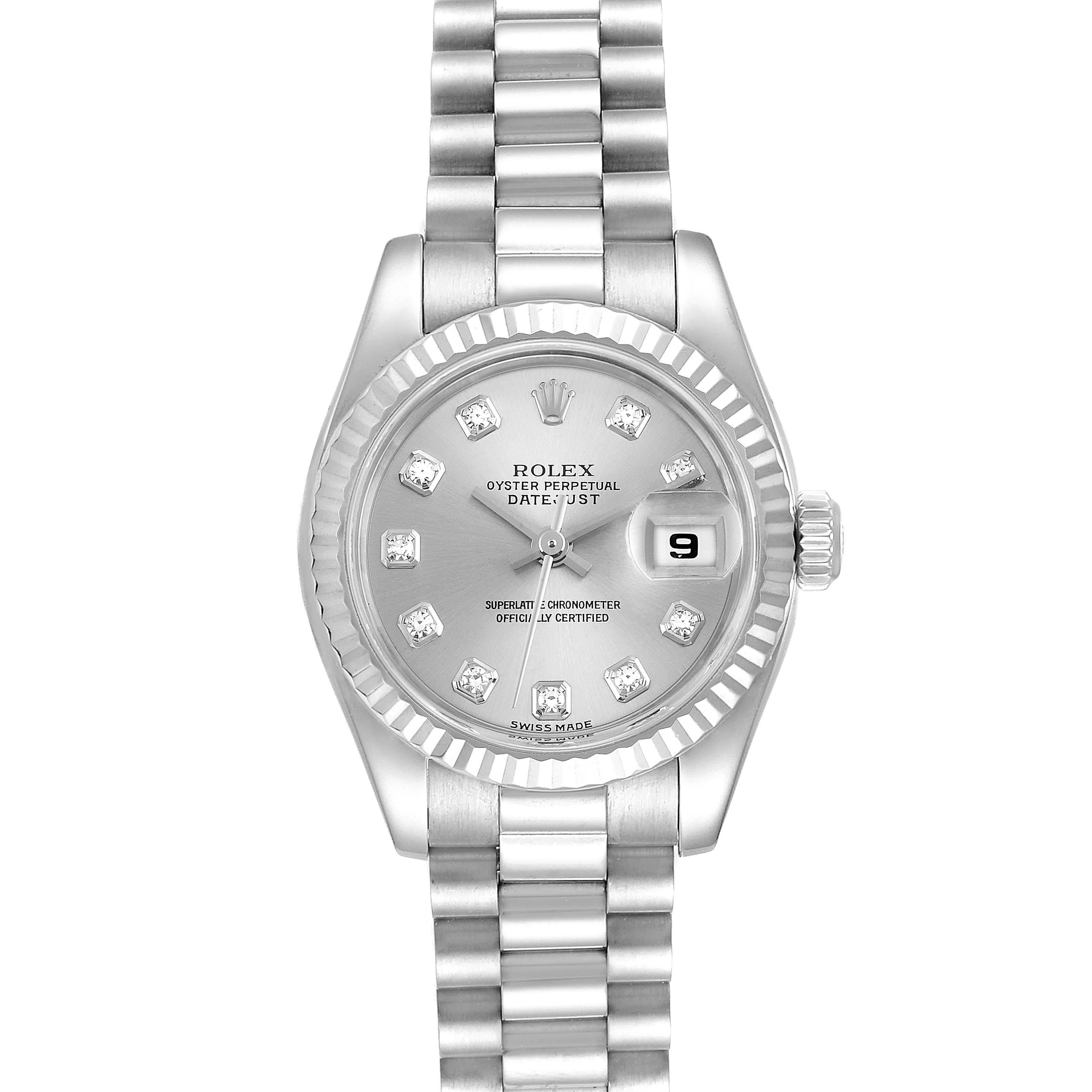 This image shows a top view of a Rolex President 179179 Women's White Gold Silver Dial 179179 Women's White Gold Silver Dial watch, featuring the face, bezel, and part of the bracelet.