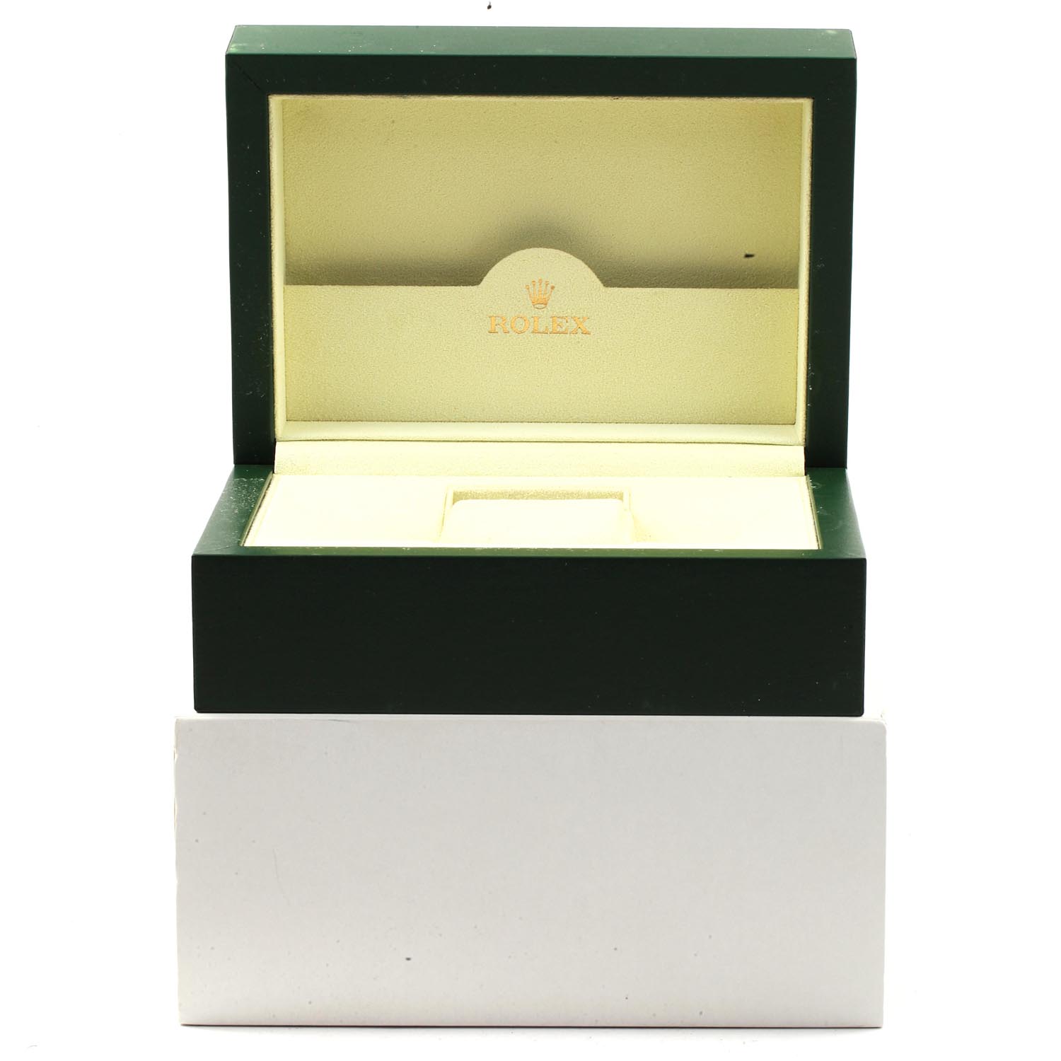 The image shows an open Rolex watch box for the President model, viewed from the front.