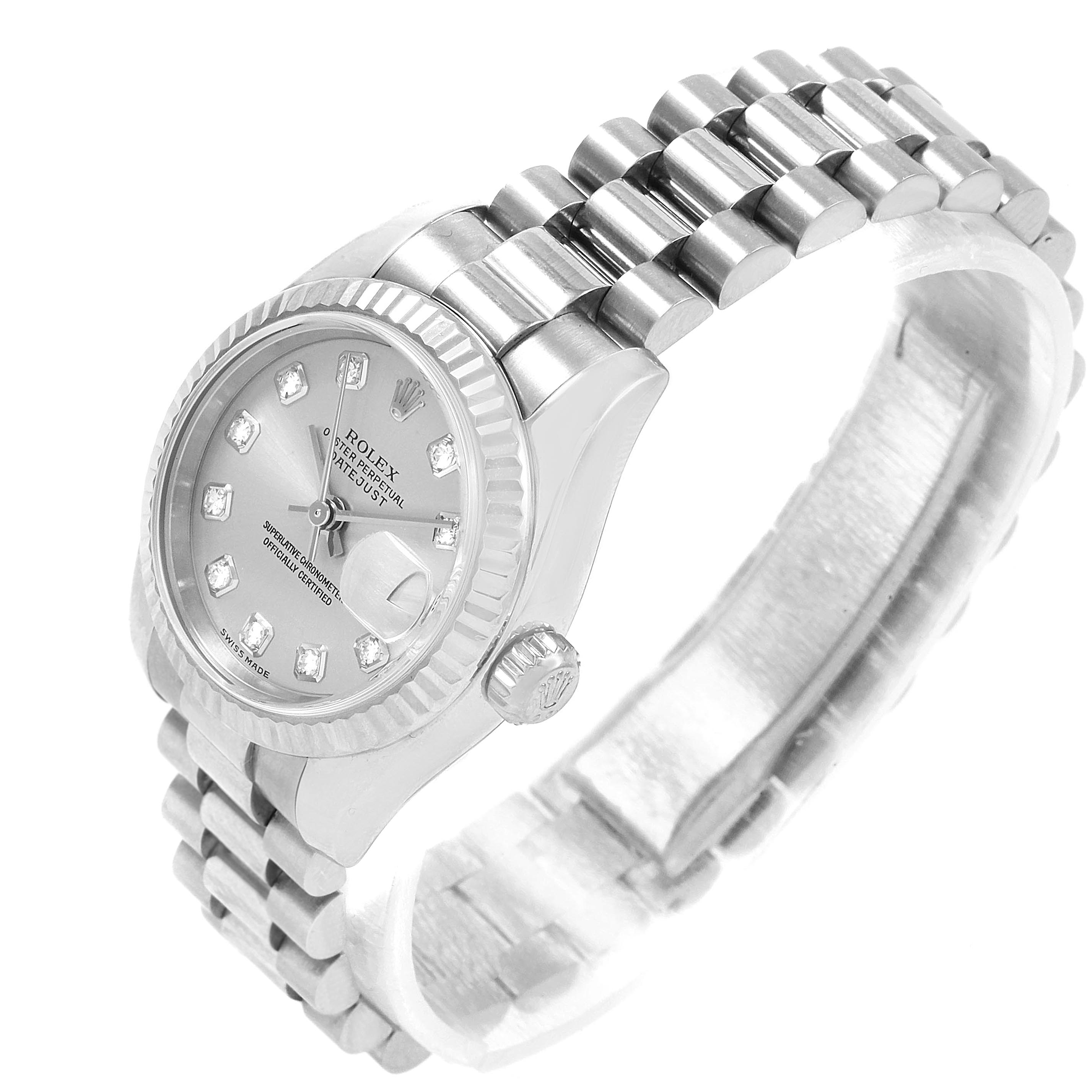 The image shows a Rolex President 179179 Women's White Gold Silver Dial 179179 Women's White Gold Silver Dial model watch at an angled view, highlighting the watch face, crown, and bracelet.
