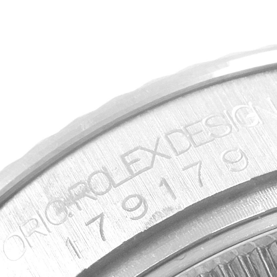 This is a close-up angle of the case back and engraving on the Rolex President 179179 Women's White Gold Silver Dial 179179 Women's White Gold Silver Dial model watch.