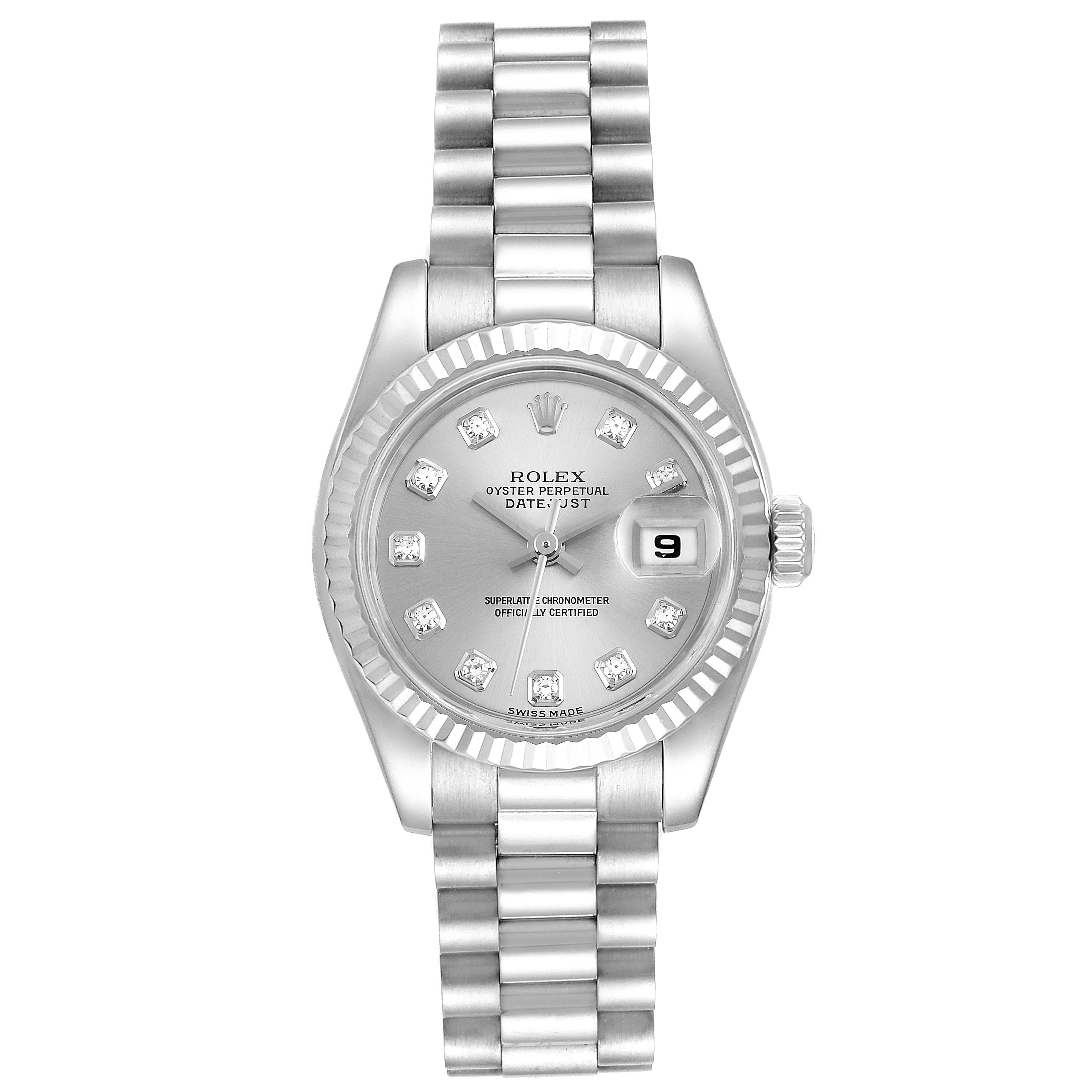 The image shows a front view of a Rolex President 179179 Women's White Gold Silver Dial 179179 Women's White Gold Silver Dial model watch, displaying its face, bezel, and bracelet.