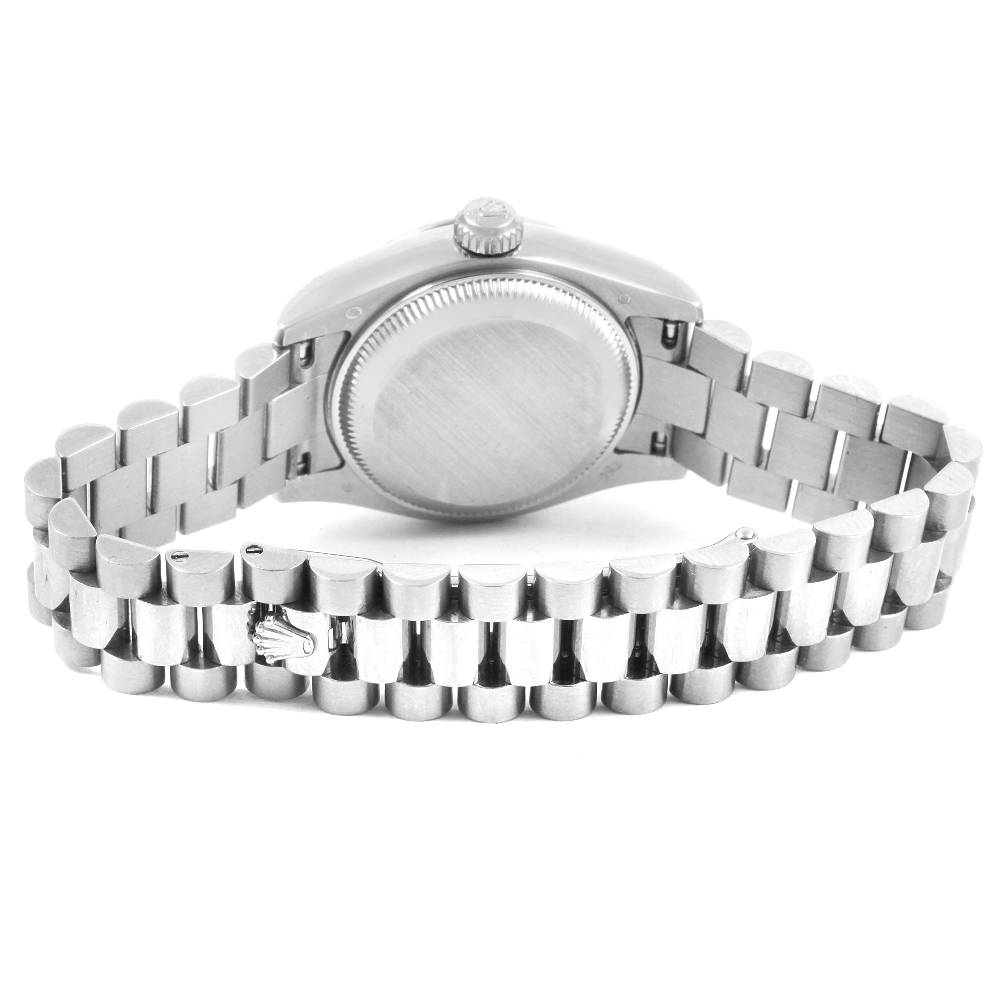 The image shows the back case and bracelet of a Rolex President 179179 Women's White Gold Silver Dial 179179 Women's White Gold Silver Dial model watch from a slightly elevated rear angle.