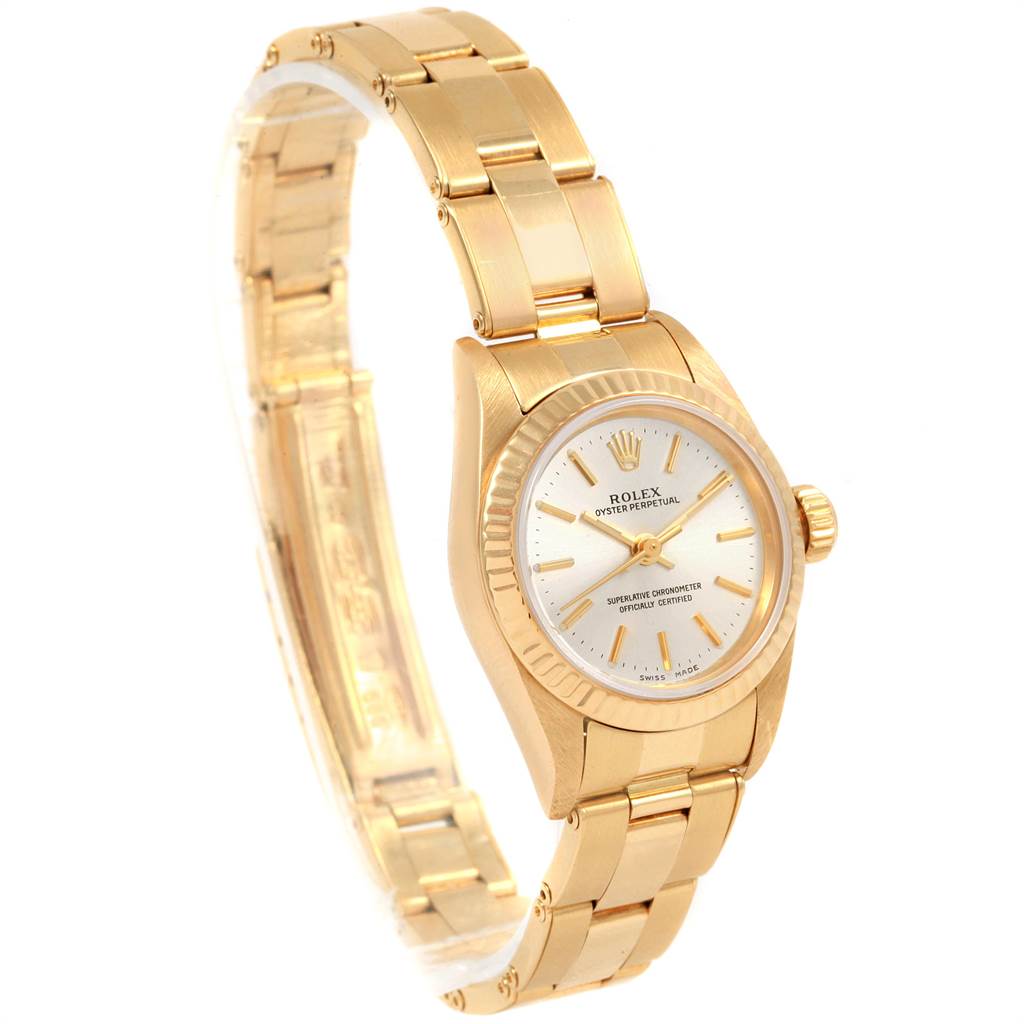 The image shows a front angled view of a Rolex President 67197 Women's Yellow Gold Silver Dial 67197 Women's Yellow Gold Silver Dial model watch, highlighting its gold bracelet and dial.
