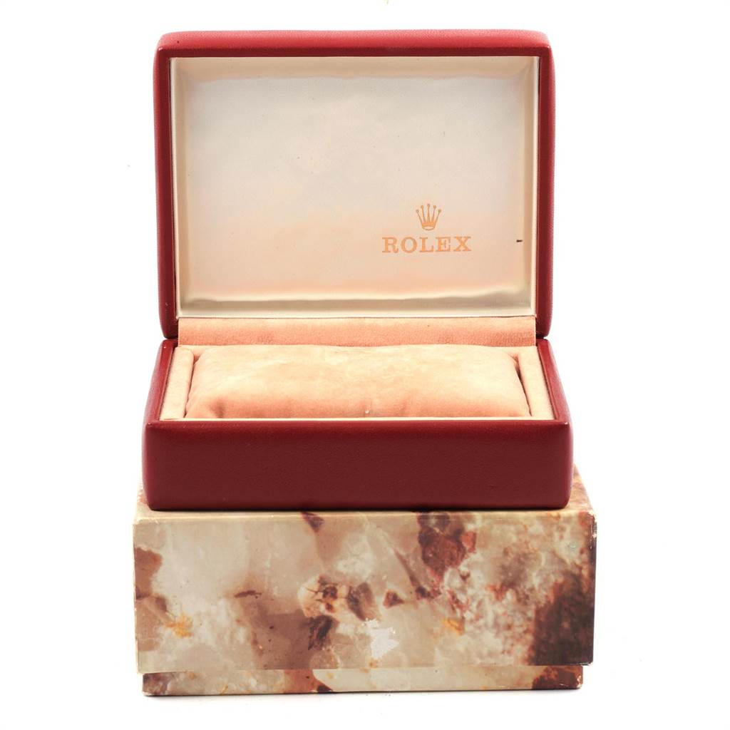 This image shows an empty Rolex President 67197 Women's Yellow Gold Silver Dial 67197 Women's Yellow Gold Silver Dial watch box with a padded interior and an outer case.