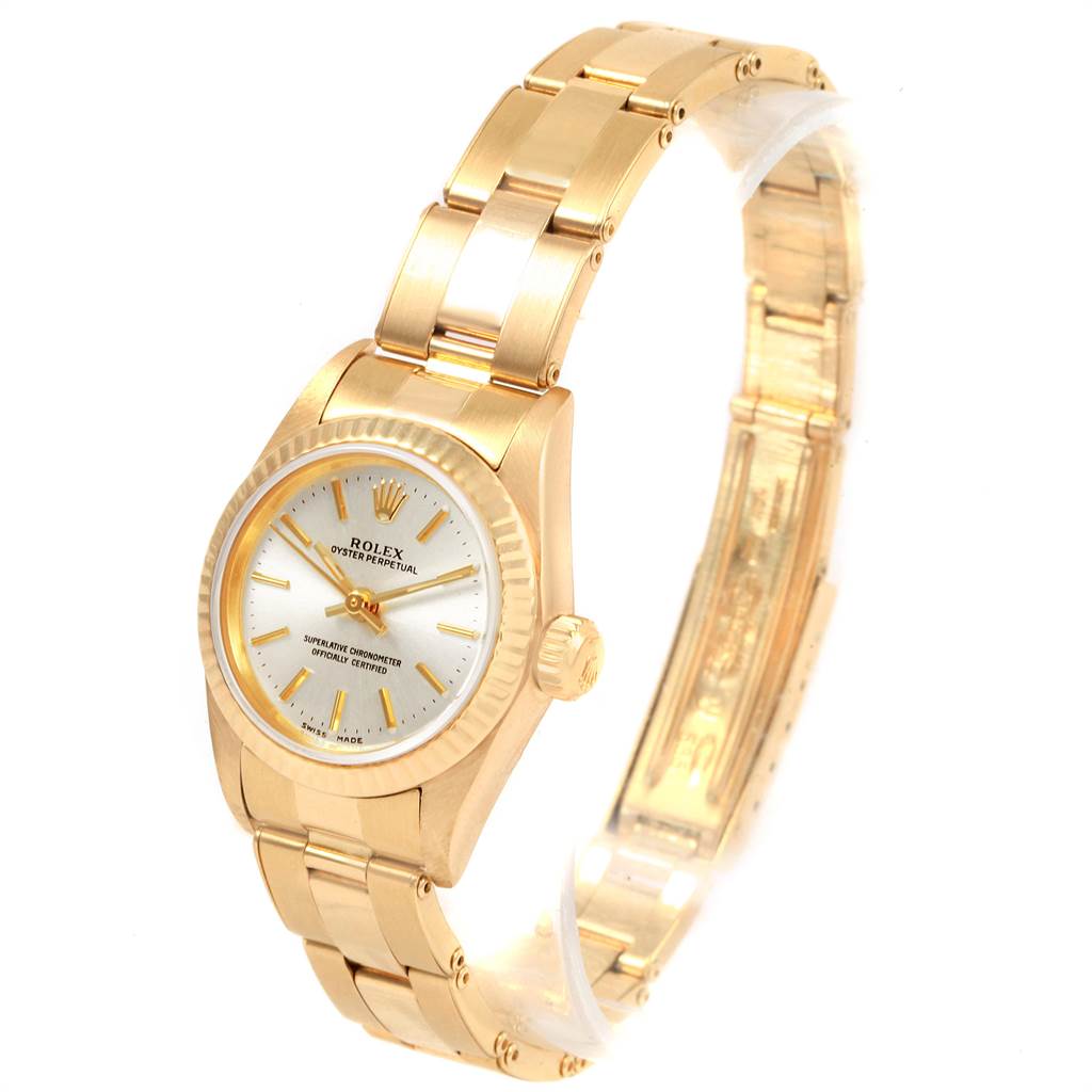 The image shows a Rolex President 67197 Women's Yellow Gold Silver Dial 67197 Women's Yellow Gold Silver Dial model watch at a slight angle, highlighting its face, bezel, crown, and part of the bracelet.