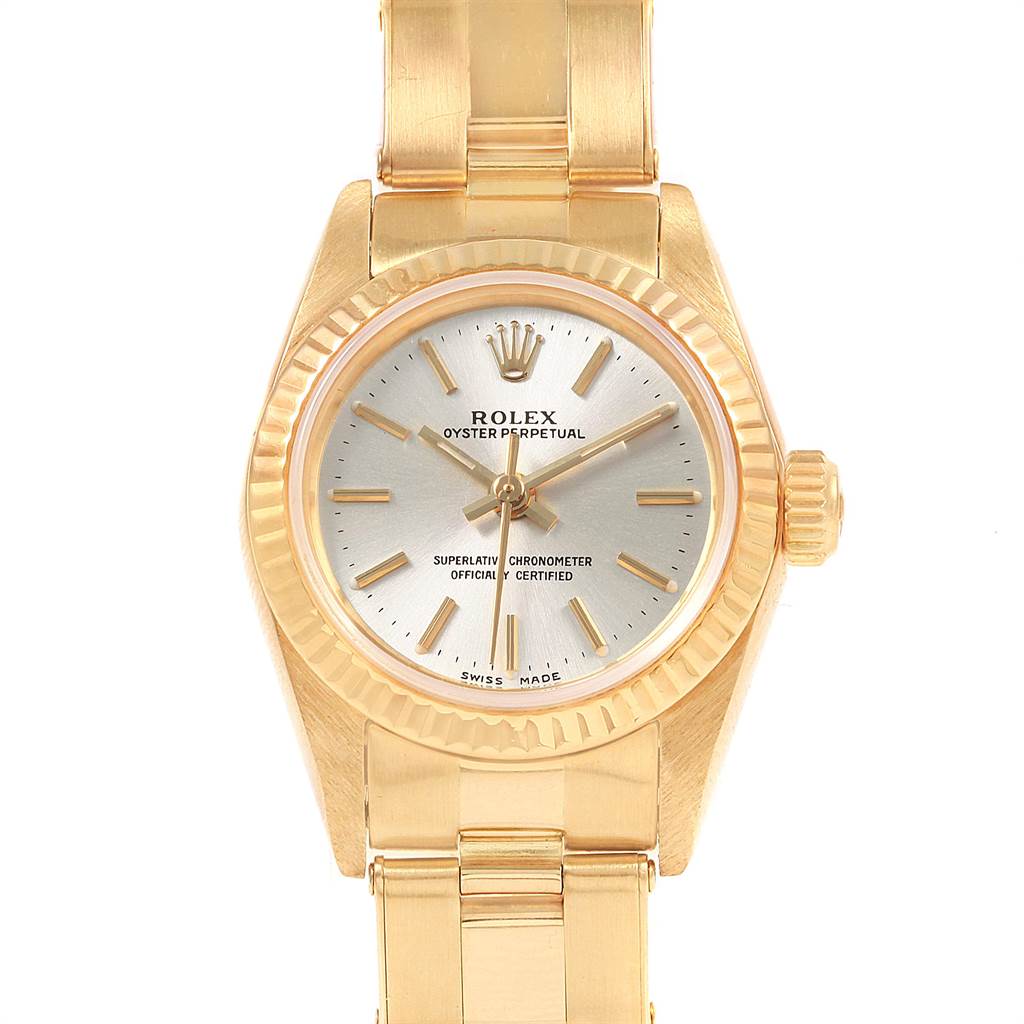 The image shows a front, close-up view of the Rolex President 67197 Women's Yellow Gold Silver Dial 67197 Women's Yellow Gold Silver Dial watch, highlighting the dial, bezel, and part of the bracelet.