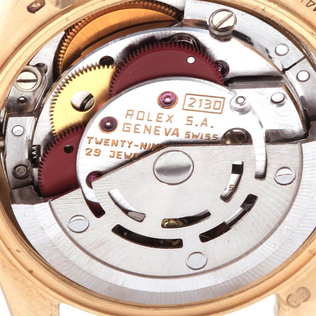 This image shows the inner mechanical movement of the Rolex President 67197 Women's Yellow Gold Silver Dial 67197 Women's Yellow Gold Silver Dial model watch at a close-up angle.