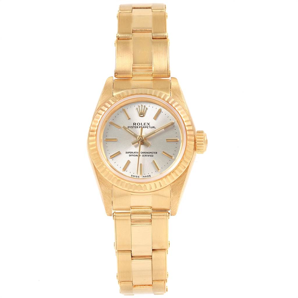 The image shows a frontal view of a Rolex President 67197 Women's Yellow Gold Silver Dial 67197 Women's Yellow Gold Silver Dial watch, highlighting its dial, bezel, and gold bracelet.