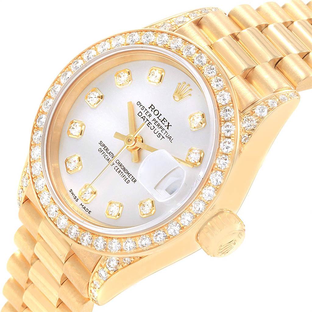 The image shows a close-up view of the Rolex President 69158 Women
s Yellow Gold Mother of Pearl Dial 69158 Women
s Yellow Gold Mother of Pearl Dial model watch, highlighting the face, diamond bezel, crown, and part of the bracelet.