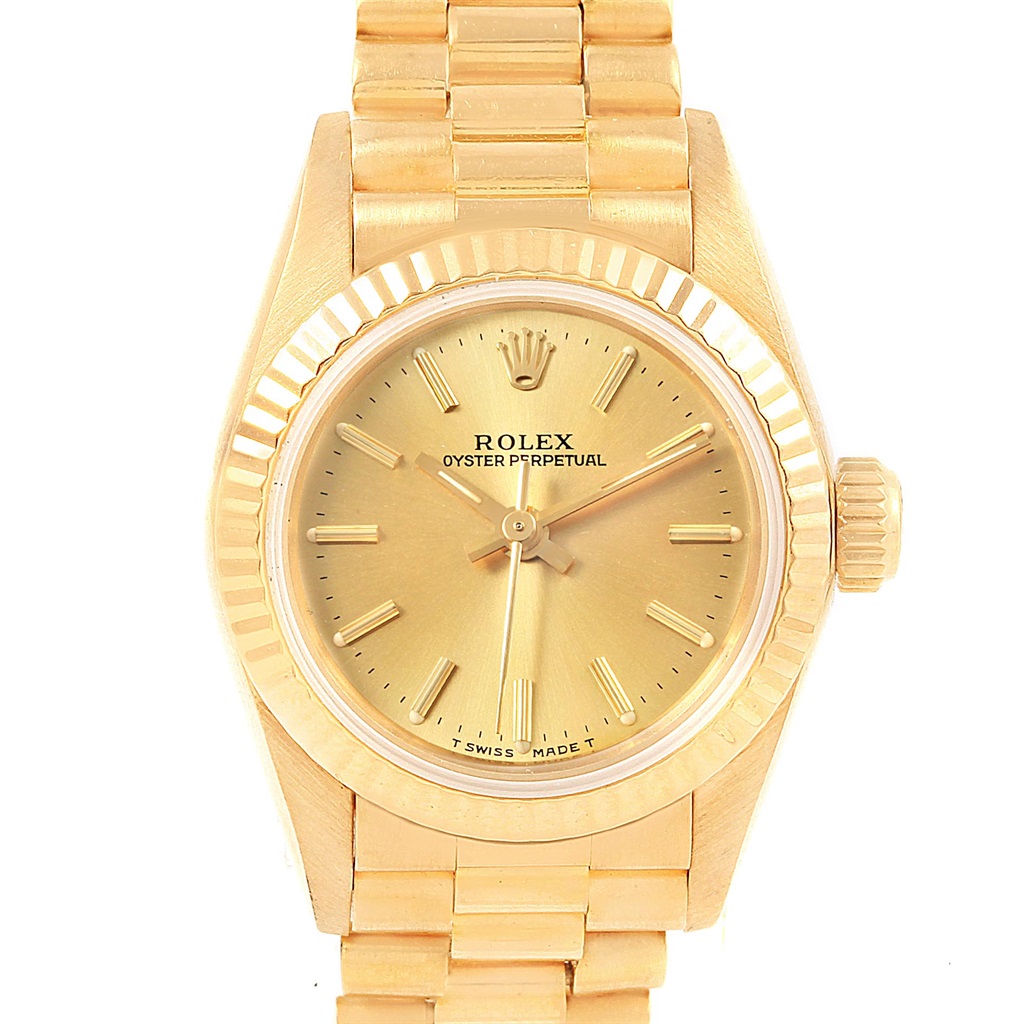 This Rolex President 67198 Women's Yellow Gold Champagne Dial 67198 Women's Yellow Gold Champagne Dial model watch is shown from a frontal angle, highlighting its dial, bezel, and bracelet.