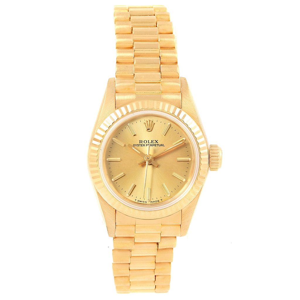 The image shows a front view of the Rolex President 67198 Women's Yellow Gold Champagne Dial 67198 Women's Yellow Gold Champagne Dial model, displaying the watch face, bezel, and bracelet.