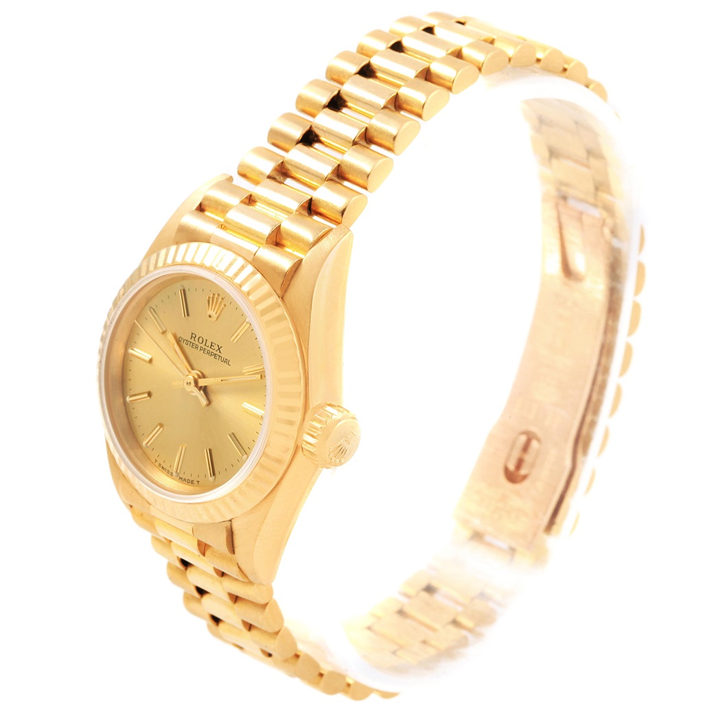 This Rolex President 67198 Women's Yellow Gold Champagne Dial 67198 Women's Yellow Gold Champagne Dial model watch is shown from a side angle, displaying the dial, bezel, and bracelet.