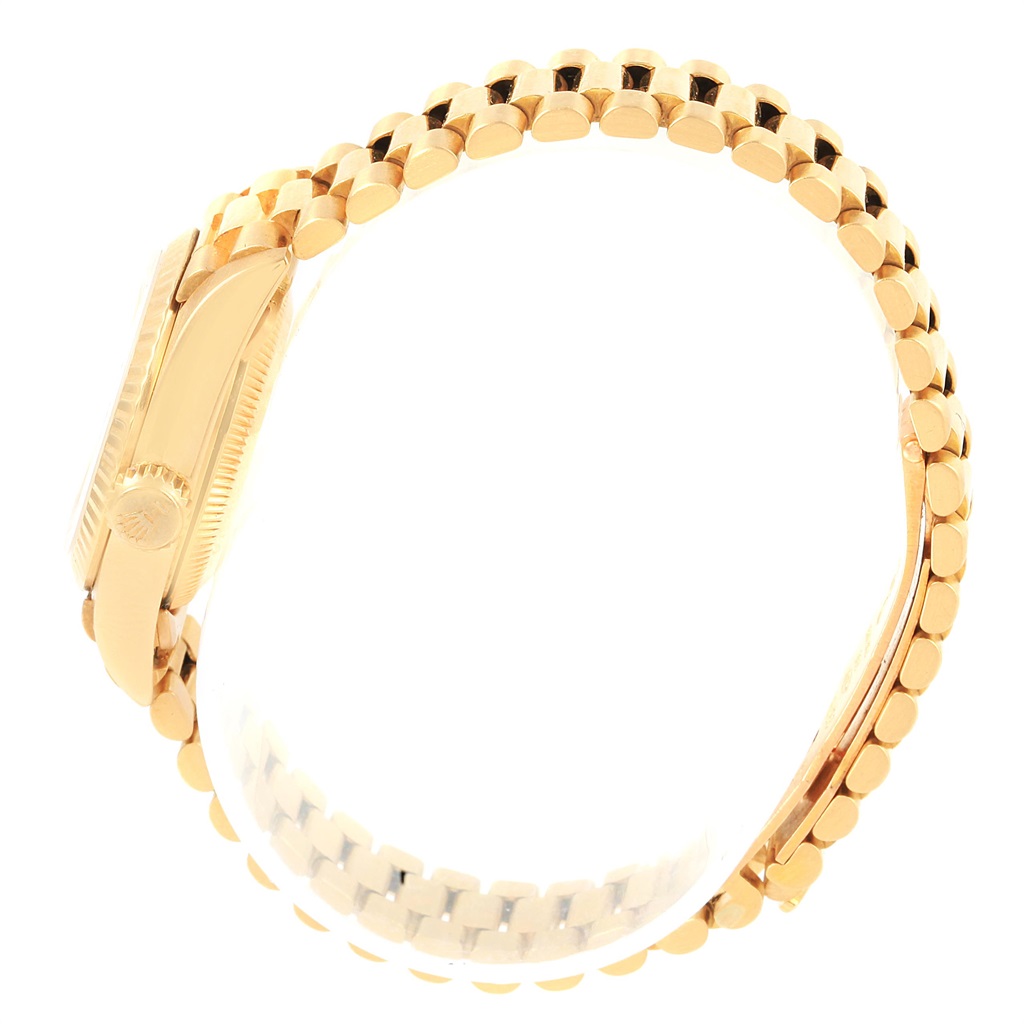 The image displays a side view angle of a Rolex President 67198 Women's Yellow Gold Champagne Dial 67198 Women's Yellow Gold Champagne Dial model watch, focusing on the bezel and bracelet links.
