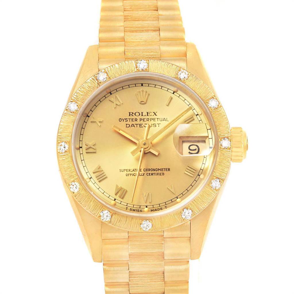 The Rolex President 69288 Women
s Yellow Gold Champagne Dial 69288 Women
s Yellow Gold Champagne Dial model watch is shown from a top-down angle, highlighting its dial, bezel, and bracelet.