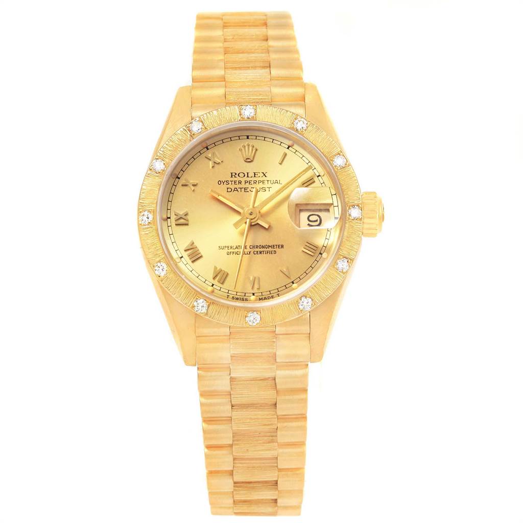 The Rolex President 69288 Women
s Yellow Gold Champagne Dial 69288 Women
s Yellow Gold Champagne Dial model watch is shown from a frontal angle, revealing the dial, bezel, bracelet, and date window.