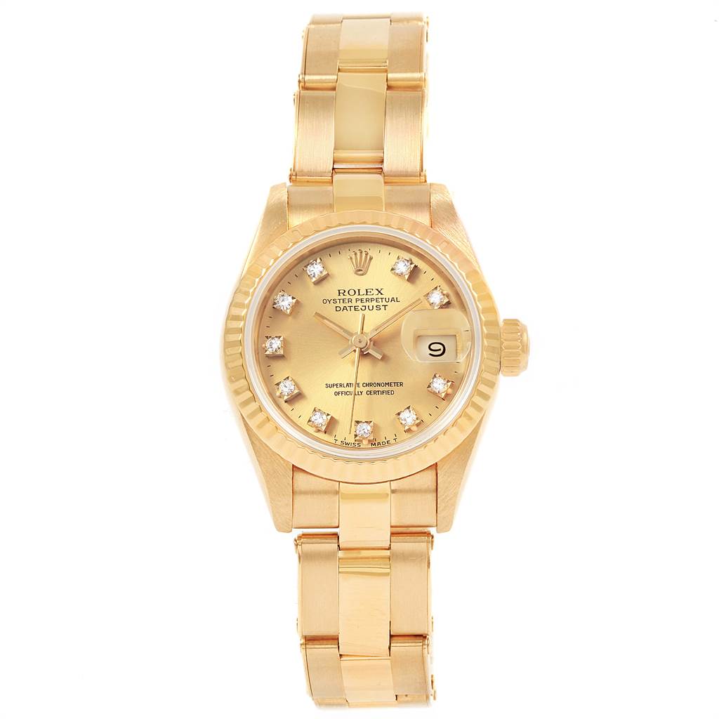 The image shows a Rolex President 69178 Women's Yellow Gold Champagne Dial 69178 Women's Yellow Gold Champagne Dial model watch from a top-down angle, displaying the face, bezel, bracelet, and date window.