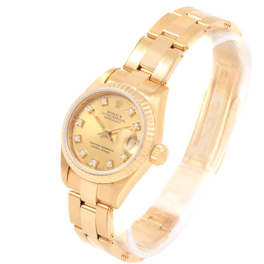 The Rolex President 69178 Women's Yellow Gold Champagne Dial 69178 Women's Yellow Gold Champagne Dial model watch is shown at a three-quarter angle, displaying the dial, bezel, crown, and bracelet.