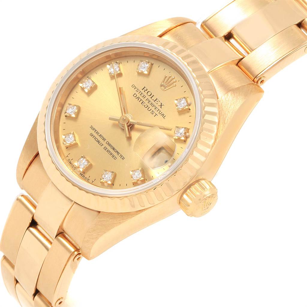 The Rolex President 69178 Women's Yellow Gold Champagne Dial 69178 Women's Yellow Gold Champagne Dial model watch is shown at an angle highlighting the dial, fluted bezel, crown, and part of the bracelet.