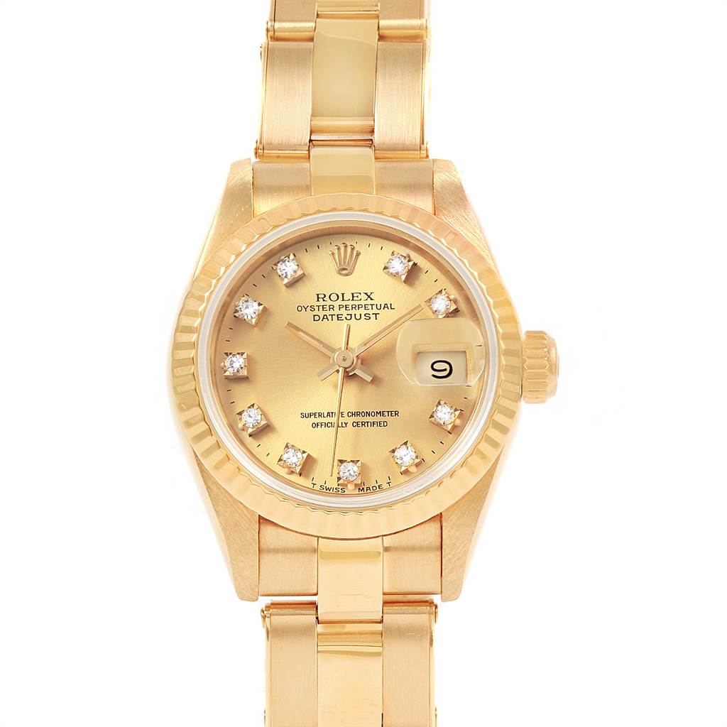 This image shows a head-on view of the Rolex President 69178 Women's Yellow Gold Champagne Dial 69178 Women's Yellow Gold Champagne Dial model watch, highlighting its gold face, bracelet, and diamond hour markers.