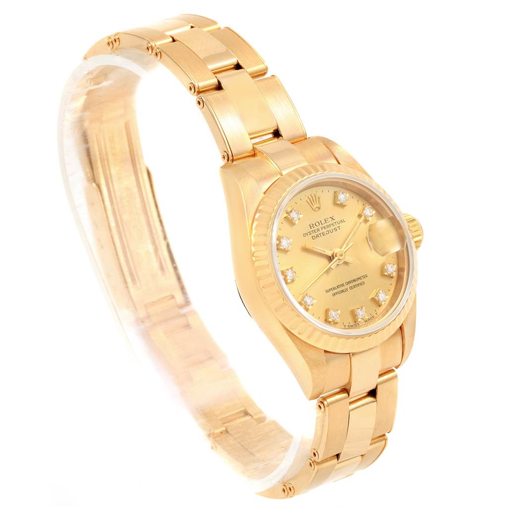 The image shows a Rolex President 69178 Women's Yellow Gold Champagne Dial 69178 Women's Yellow Gold Champagne Dial model watch at a slight angle, highlighting the bracelet, case, and dial with diamond hour markers.