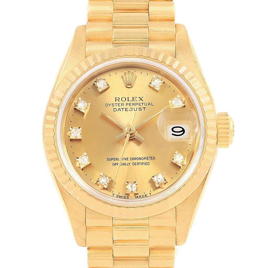 The image shows a frontal view of the Rolex President 69178 Women
s Yellow Gold Champagne Dial 69178 Women
s Yellow Gold Champagne Dial Datejust watch highlighting its gold band, dial, and date display.
