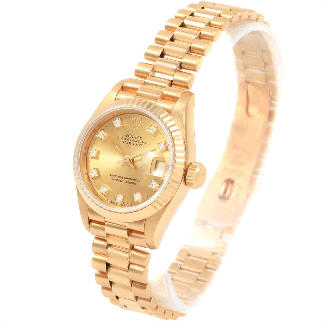 The Rolex President 69178 Women
s Yellow Gold Champagne Dial 69178 Women
s Yellow Gold Champagne Dial model is shown at a three-quarter angle, displaying the watch face, case, and bracelet.