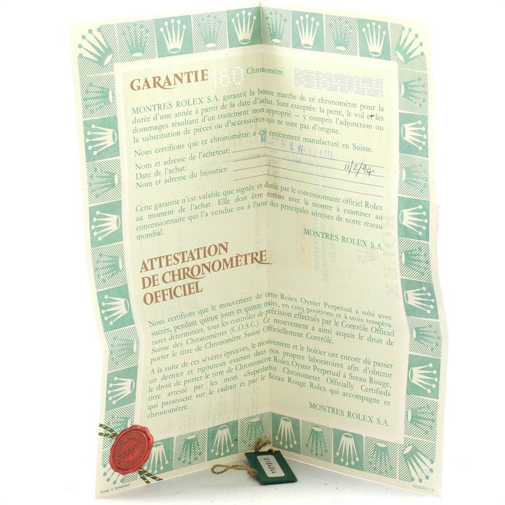 This image shows the warranty and certification papers for the Rolex President 69178 Women
s Yellow Gold Champagne Dial 69178 Women
s Yellow Gold Champagne Dial model watch.