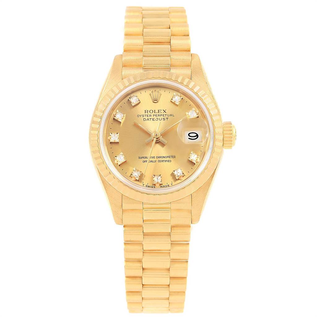 The Rolex President 69178 Women
s Yellow Gold Champagne Dial 69178 Women
s Yellow Gold Champagne Dial model is shown from a top view, displaying the face, bezel, and band.