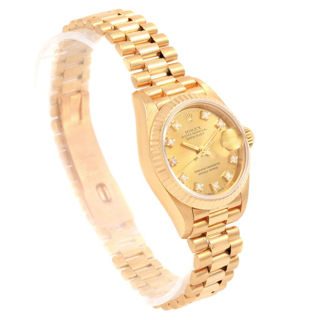 The image shows a Rolex President 69178 Women
s Yellow Gold Champagne Dial 69178 Women
s Yellow Gold Champagne Dial model watch angled to display the dial, bezel, and bracelet clearly.
