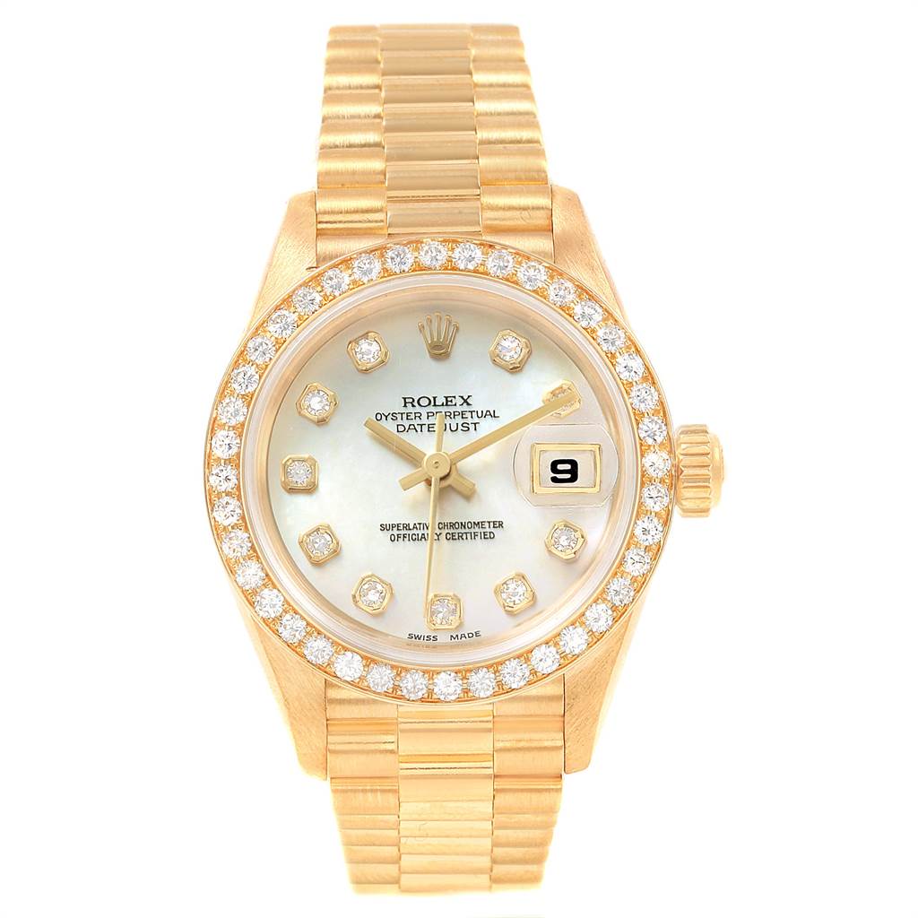 The image shows a front view of a Rolex President 69138 Women
s Yellow Gold Mother of Pearl Dial 69138 Women
s Yellow Gold Mother of Pearl Dial model watch, displaying the face, bracelet, and crown.