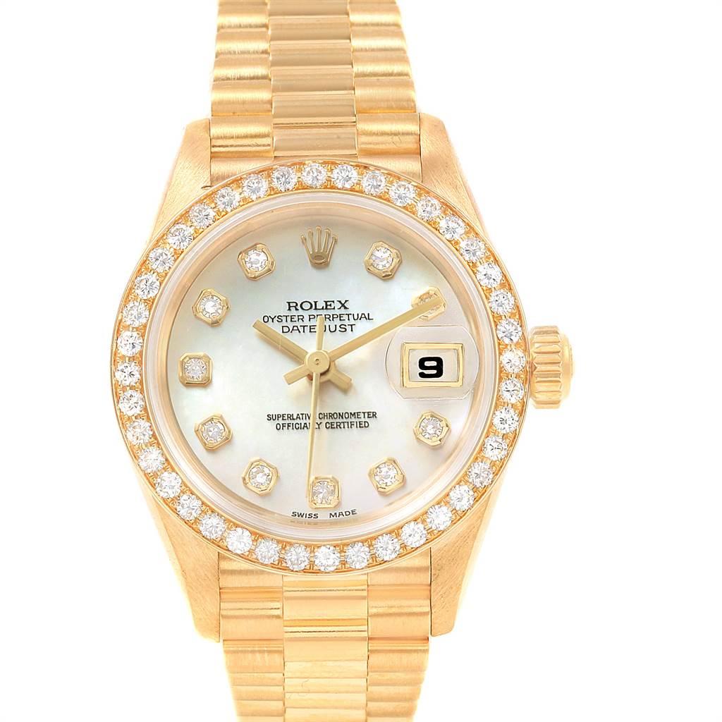 The image shows a frontal view of the Rolex President 69138 Women
s Yellow Gold Mother of Pearl Dial 69138 Women
s Yellow Gold Mother of Pearl Dial model watch including its face, bezel, and bracelet.