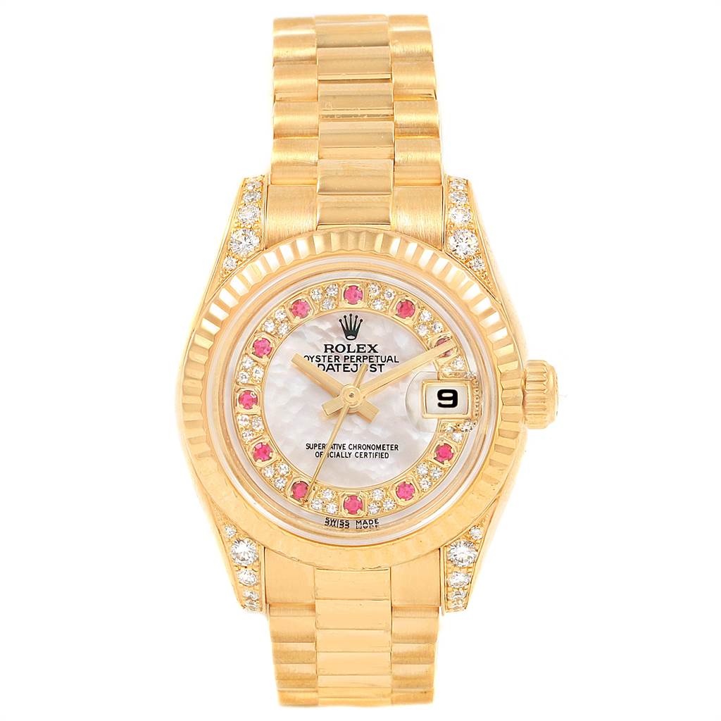 This image shows a front view of a Rolex President 179238 Women
s Yellow Gold Mother of Pearl Dial 179238 Women
s Yellow Gold Mother of Pearl Dial model watch, displaying the dial, bezel, and bracelet.
