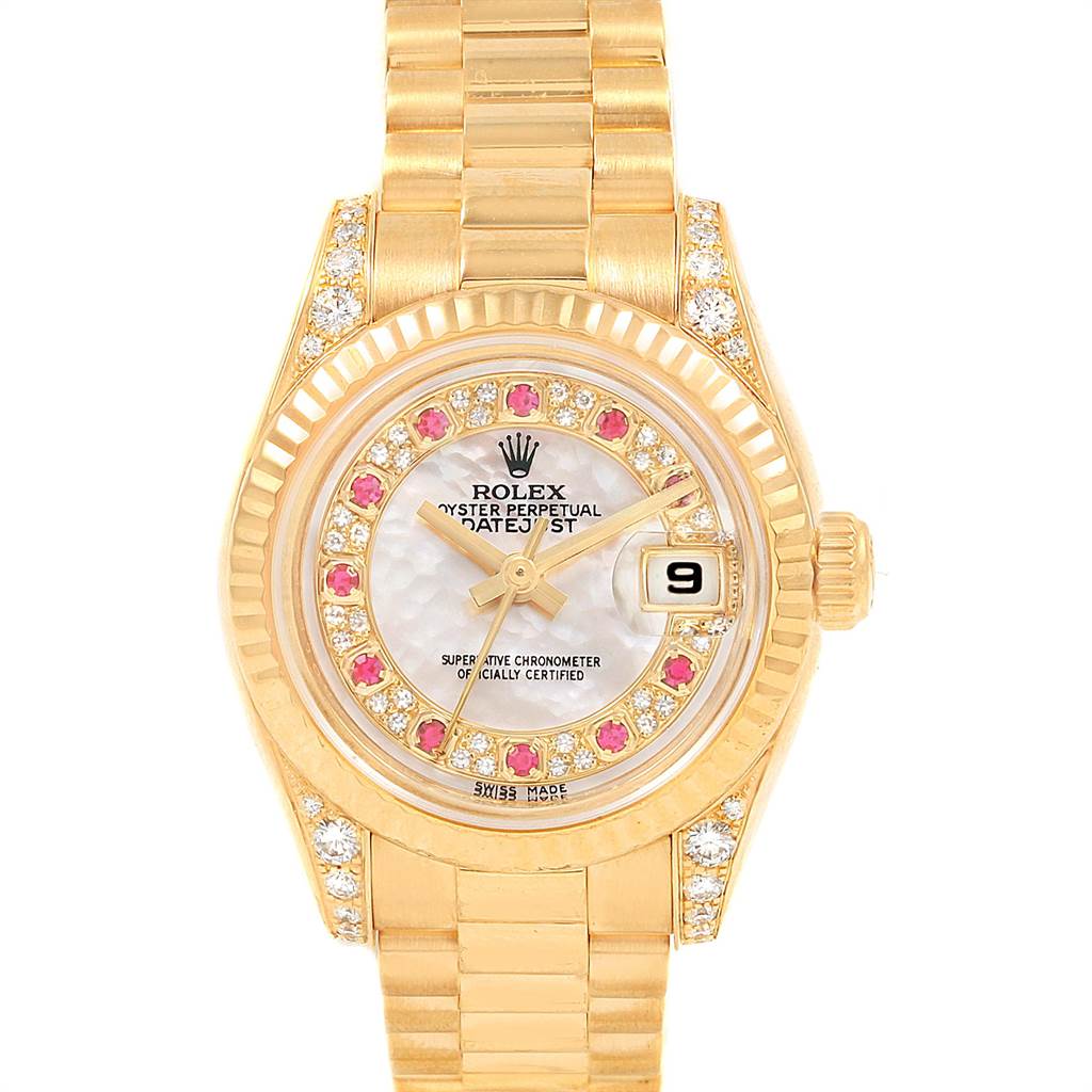 The Rolex President 179238 Women
s Yellow Gold Mother of Pearl Dial 179238 Women
s Yellow Gold Mother of Pearl Dial model watch is shown in a front-facing angle, highlighting its dial, bezel, crown, and bracelet.