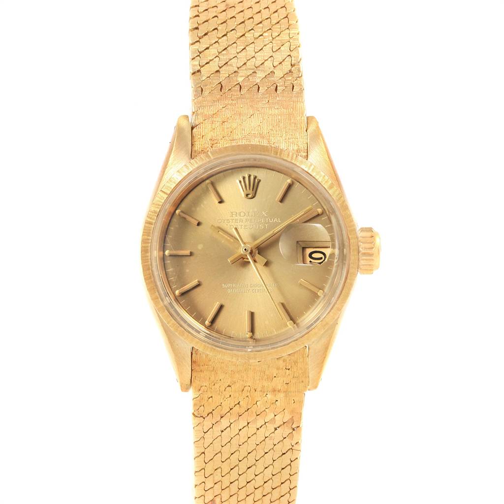This is a front view of a Rolex President 6703 Women's Yellow Gold Champagne Dial 6703 Women's Yellow Gold Champagne Dial model watch, showing the dial, bezel, crown, and bracelet.