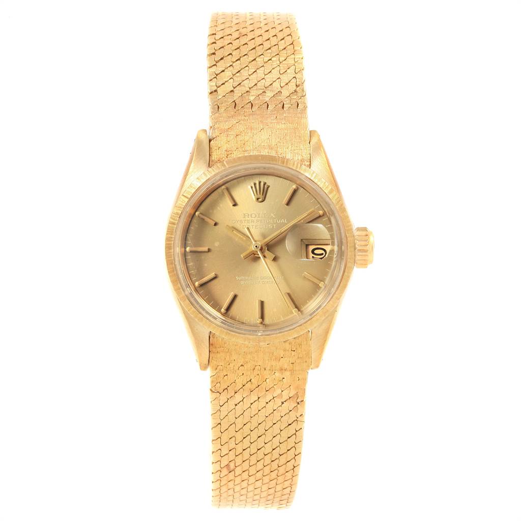 This image shows a frontal view of a Rolex President 6703 Women's Yellow Gold Champagne Dial 6703 Women's Yellow Gold Champagne Dial model, displaying the watch face, hands, date feature, and bracelet.