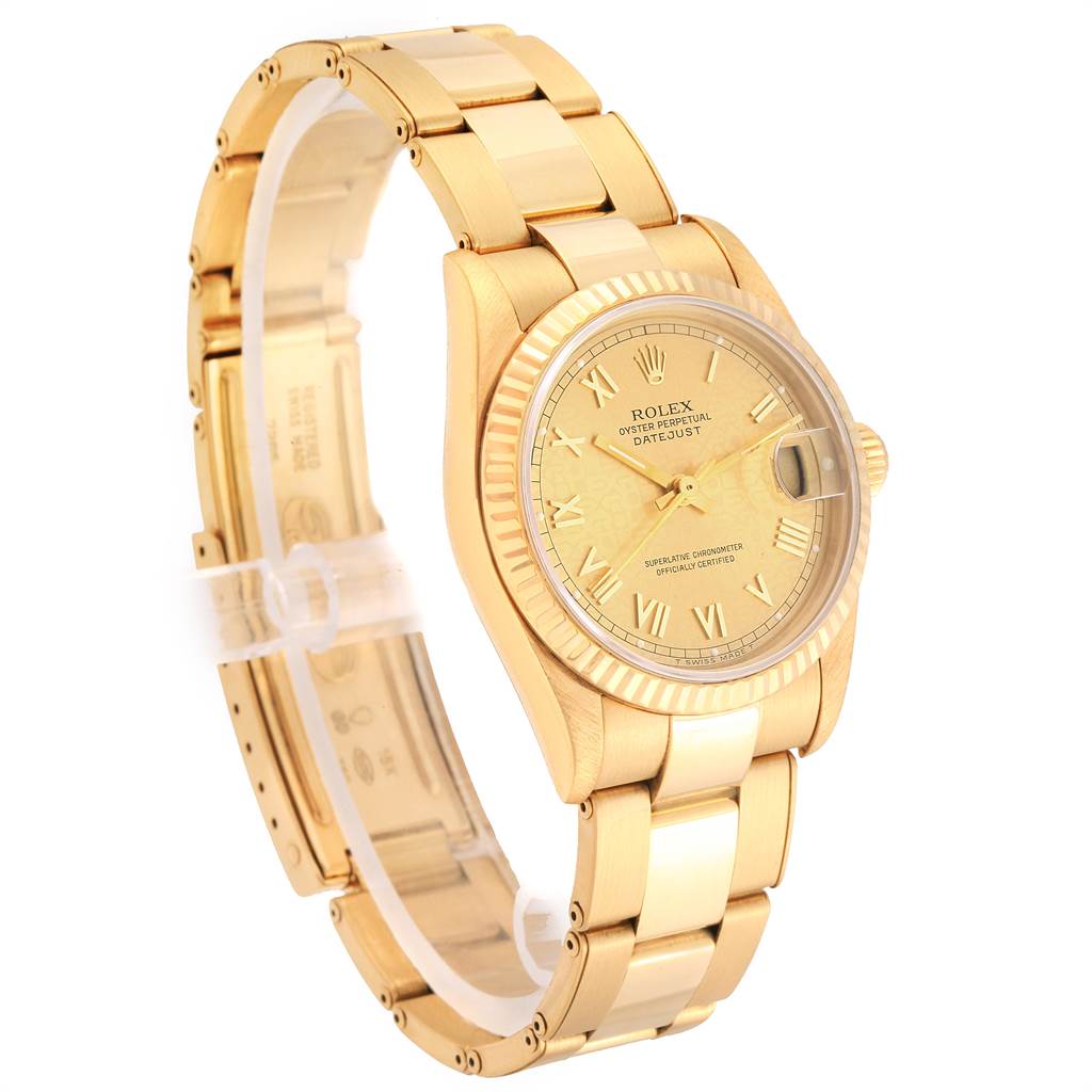 The Rolex President 68278 Women
s Yellow Gold Champagne Dial 68278 Women
s Yellow Gold Champagne Dial model watch is shown at a side angle displaying its gold bracelet, fluted bezel, and dial with Roman numerals.