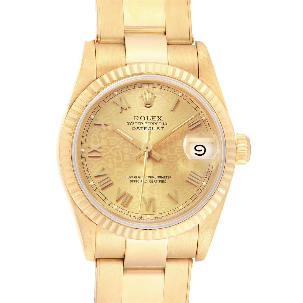 The image shows a front view of a Rolex President 68278 Women
s Yellow Gold Champagne Dial 68278 Women
s Yellow Gold Champagne Dial model watch, highlighting the dial, bezel, and part of the bracelet.