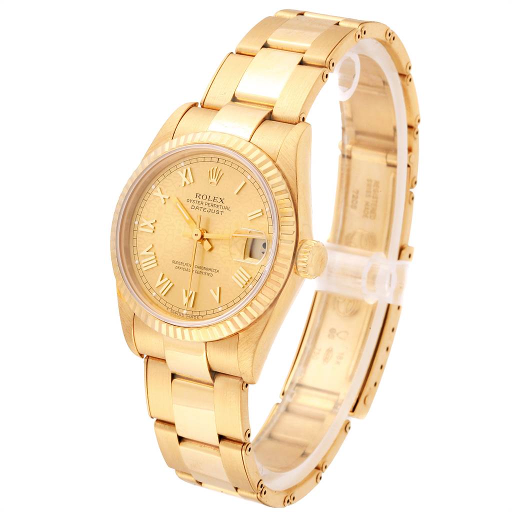 The image shows a Rolex President 68278 Women
s Yellow Gold Champagne Dial 68278 Women
s Yellow Gold Champagne Dial model watch at a three-quarter angle featuring a gold case, bracelet, and dial.