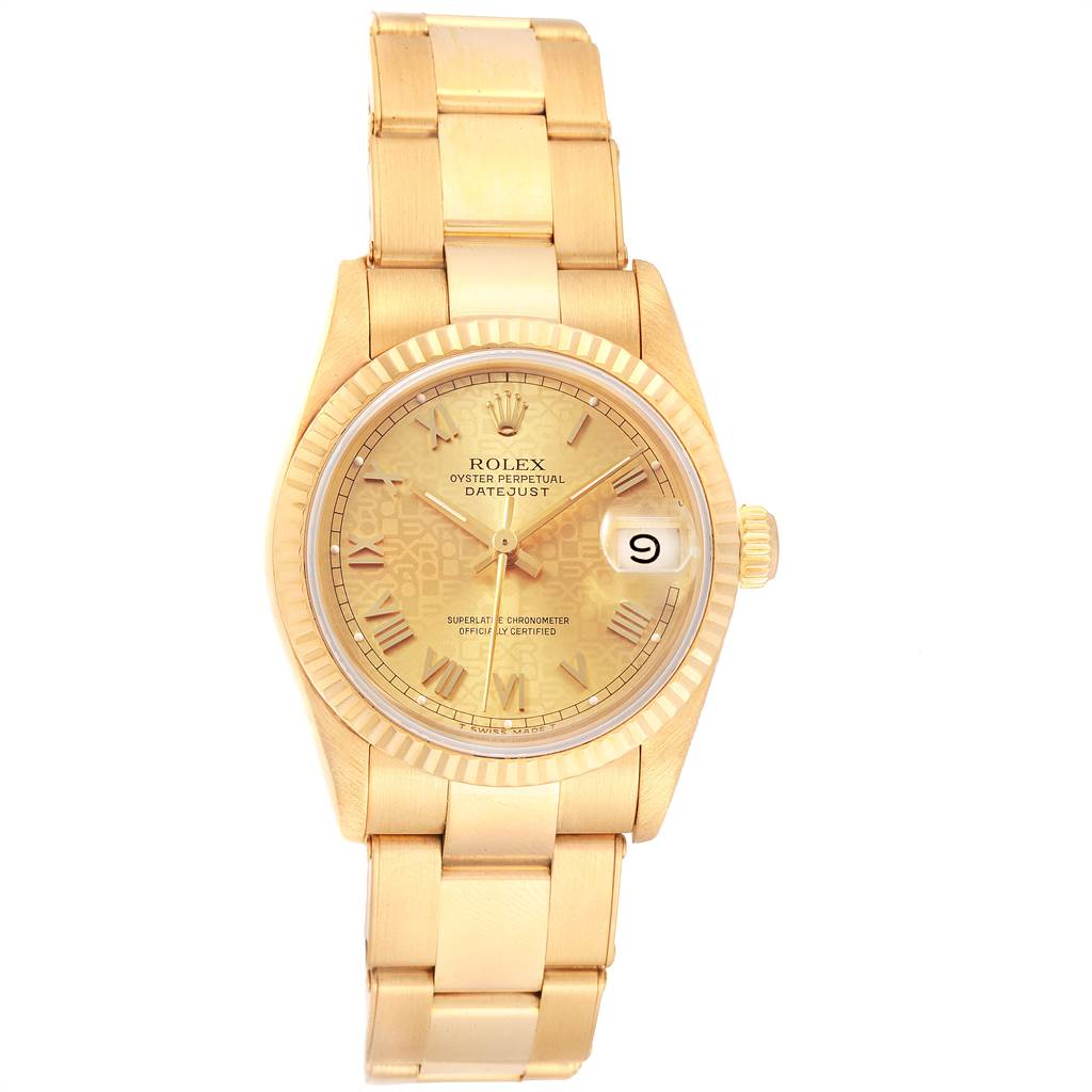 The image shows a front view of a Rolex President 68278 Women
s Yellow Gold Champagne Dial 68278 Women
s Yellow Gold Champagne Dial model watch, highlighting its gold bracelet, case, and dial with a date window.
