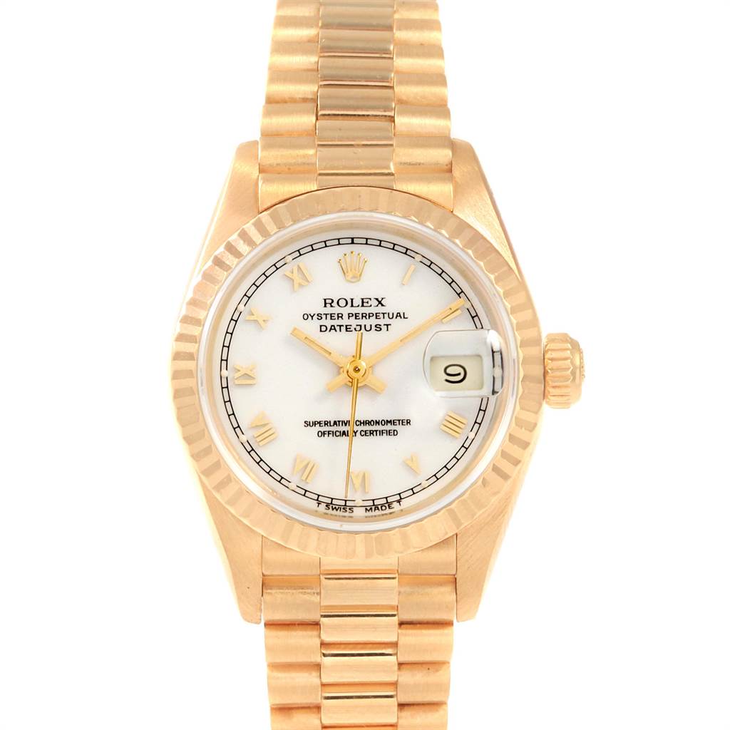 This is a frontal view of a Rolex President 69178 Women
s Yellow Gold White Dial 69178 Women
s Yellow Gold White Dial model watch, showing the face, bezel, crown, and part of the band.