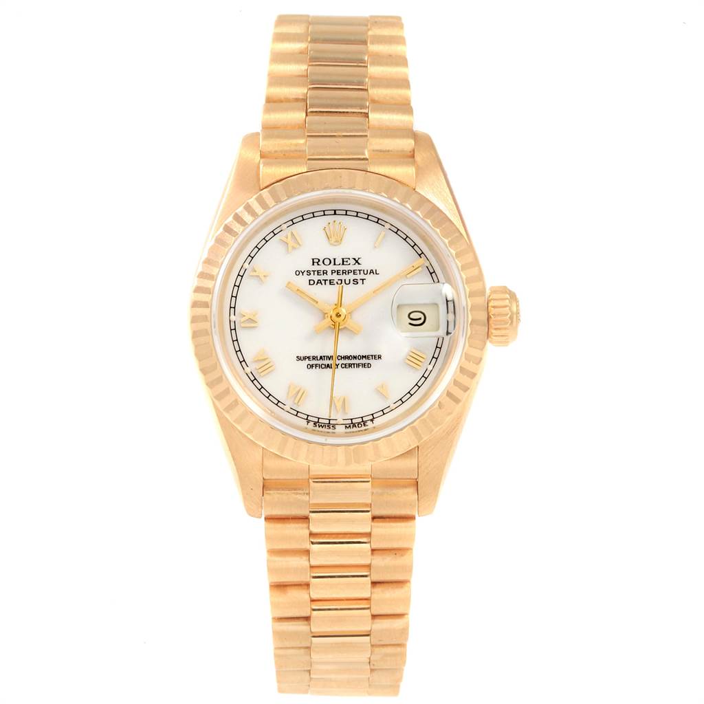 This image shows a frontal view of the Rolex President 69178 Women
s Yellow Gold White Dial 69178 Women
s Yellow Gold White Dial model watch, highlighting its face, bezel, crown, and band.