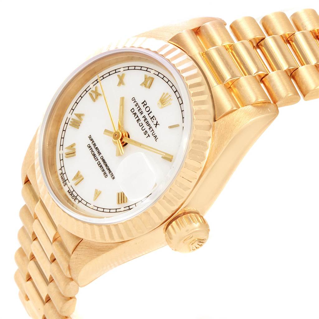 The image shows a Rolex President 69178 Women
s Yellow Gold White Dial 69178 Women
s Yellow Gold White Dial model watch from a three-quarter angle, highlighting the dial, bezel, case, crown, and bracelet.