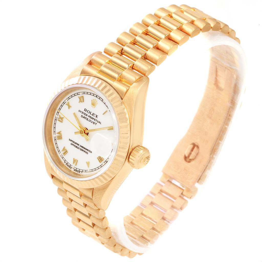 The image shows a Rolex President 69178 Women
s Yellow Gold White Dial 69178 Women
s Yellow Gold White Dial model watch at a 3/4 angle, highlighting the dial, bezel, crown, and bracelet.