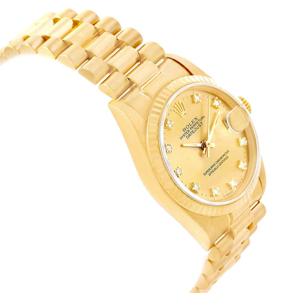 The image shows a side view of a Rolex President 68278 Women
s Yellow Gold Champagne Dial 68278 Women
s Yellow Gold Champagne Dial model, highlighting its gold bracelet and dial with diamond markers.
