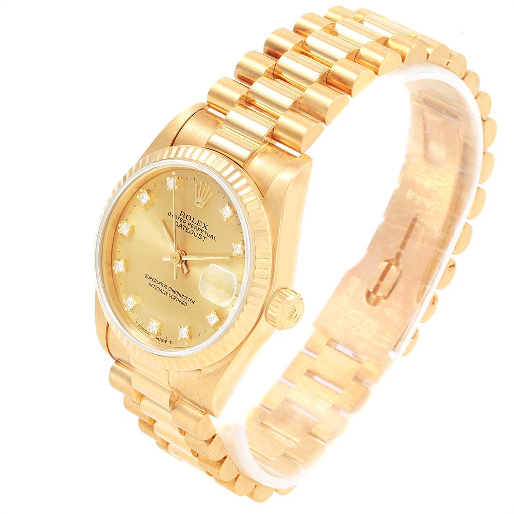 The Rolex President 68278 Women
s Yellow Gold Champagne Dial 68278 Women
s Yellow Gold Champagne Dial model watch is shown at a three-quarter angle, displaying its gold case, dial, crown, and bracelet.