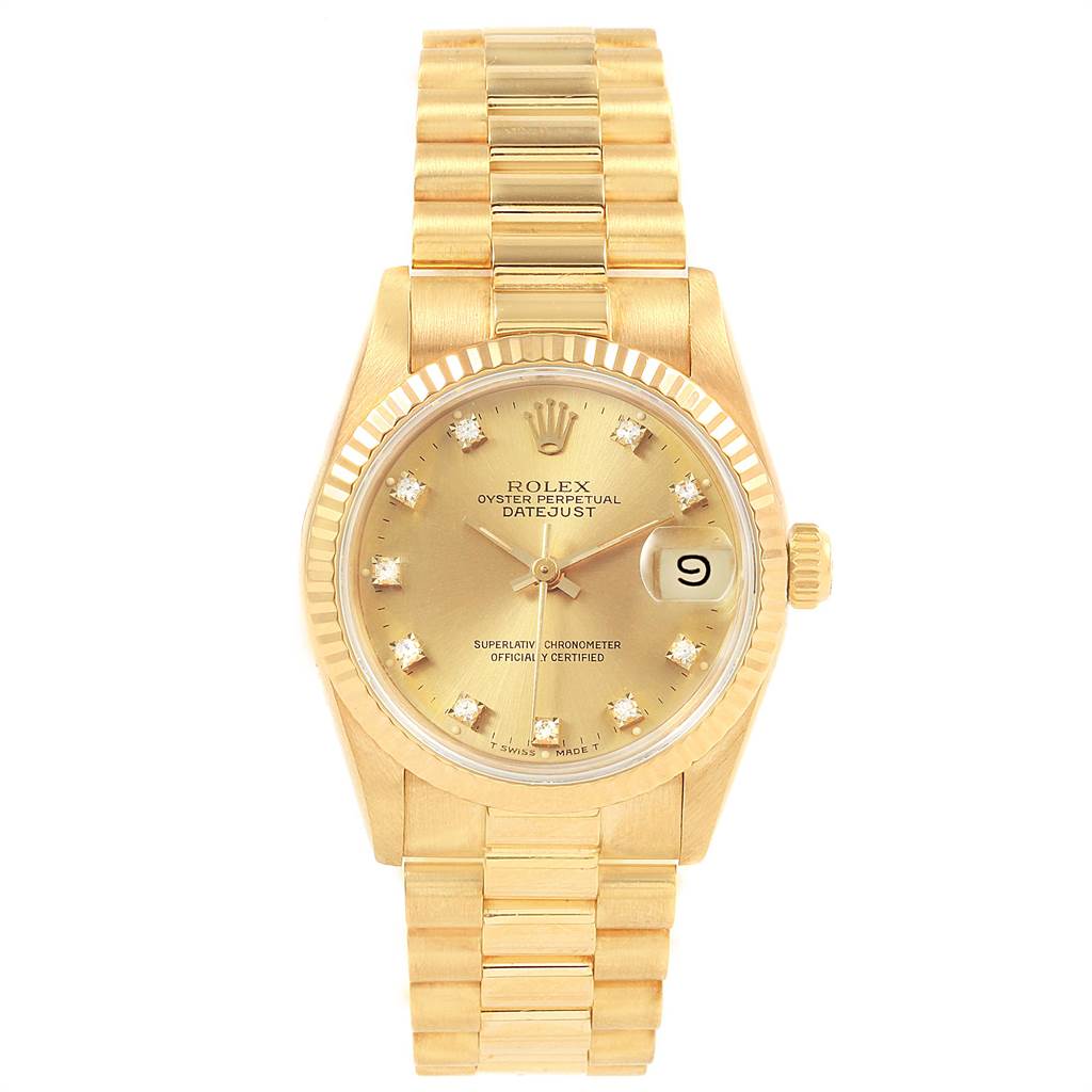 This is a Rolex President 68278 Women
s Yellow Gold Champagne Dial 68278 Women
s Yellow Gold Champagne Dial model watch shown from the front, displaying its face, bracelet, and date window.