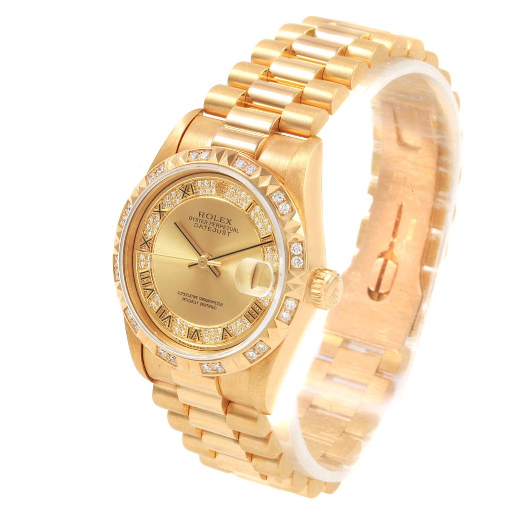 The image shows a Rolex President 68258 Women
s Yellow Gold Champagne Dial 68258 Women
s Yellow Gold Champagne Dial model watch at a slight angle, displaying its gold band, face, and diamond-studded bezel.